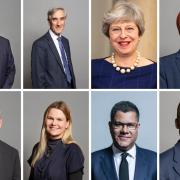 Berkshire MPs. Top l to r: James Sunderland, Sir John Redwood, Theresa May, Tanmanjeet Dhesi. Bottom l to r: Matt Rodda, Laura Farris, Alok Sharma, Adam Afriyie. Credit: official Parliament portraits