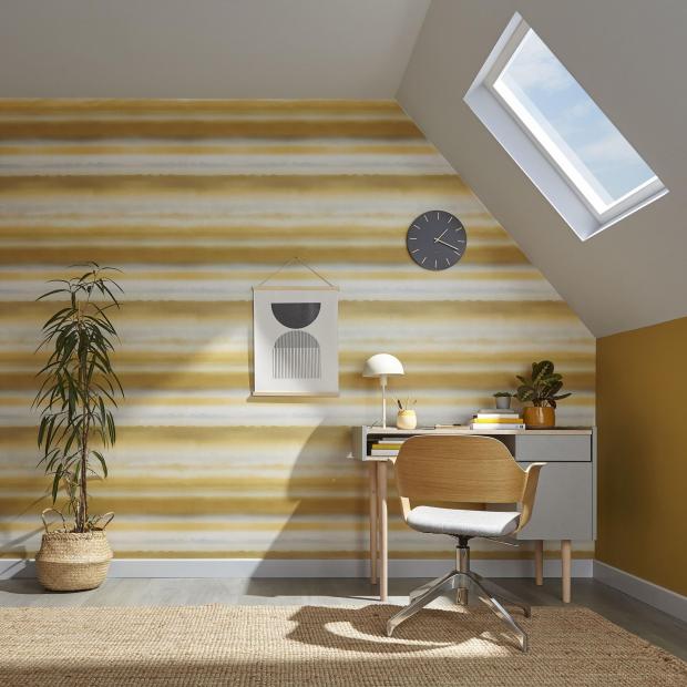 Bracknell News: Undated Handout Photo of Horizon Mustard Wallpaper, (10 metre roll x 52cm wide), other items part of room set, Graham and Brown. See PA Feature INTERIORS Pantone. Picture credit should read: PA Photo/Graham and Brown. WARNING: This picture must only be us