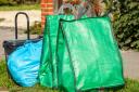 A Wokingham food waste caddy, blue general waste bag and green recycling bag