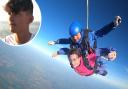 Nikki Treharne dives from a plane at 15,000 feet with the ashes of her son Ethan, inset, strapped to her chest