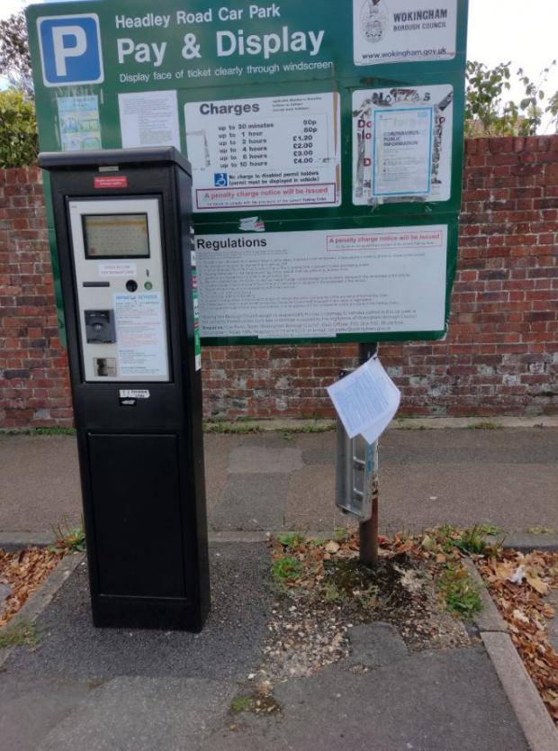 Bracknell News: A notice of the proposed changes to TROs in Wokingham Borough at the Headley Road Car Park in Woodley. Credit: Councillor Shirley Boyt