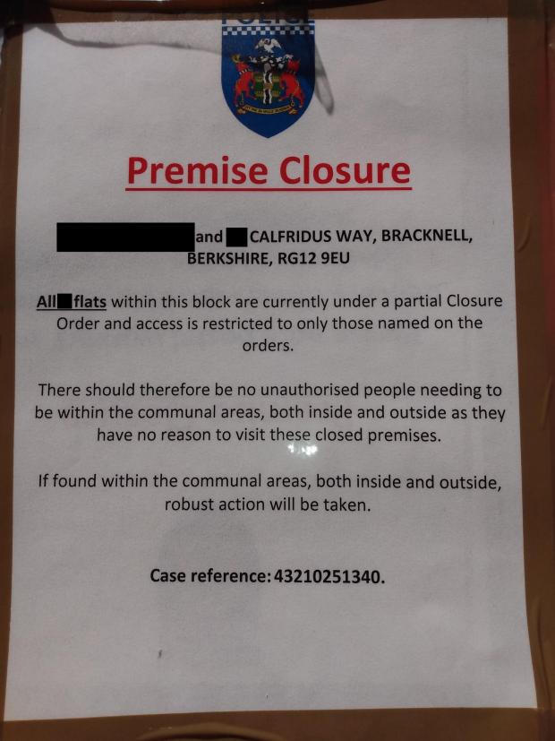 Bracknell News: The Closure Order served to the flats in Calfridus Way, Bracknell. Credit: Thames Valley Police / James Aldridge, Local Democracy Reporting Service