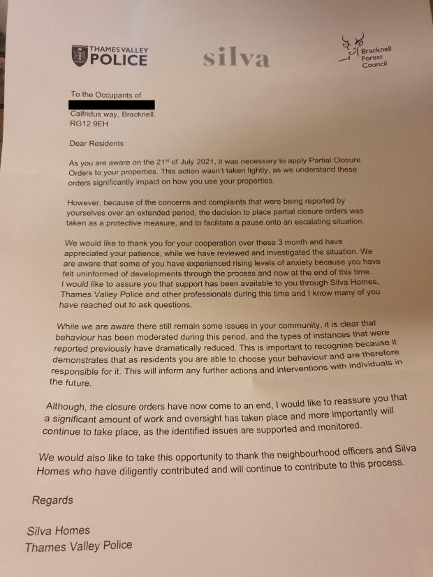 Bracknell News: The letter sent to tenants in Calfridus Way declaring that the closure order ended on October 21. Credit: UGC / Silva Homes