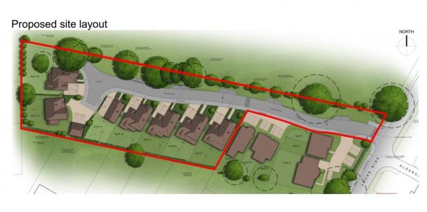 Bracknell News: A view of the masterplan for the Locks Ride development, which involves building a total of 13 homes between Ascot and Winkfield Row, with the refused seven home plan outlined in red. Credit: Ascot Design
