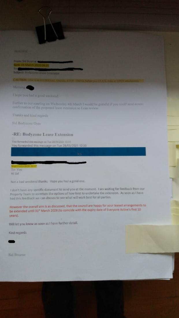 Bracknell News: A redacted printed email which Mr Bourne says promises him a lease extension until 2028, dated in March 2020. Credit: Sid Bourne