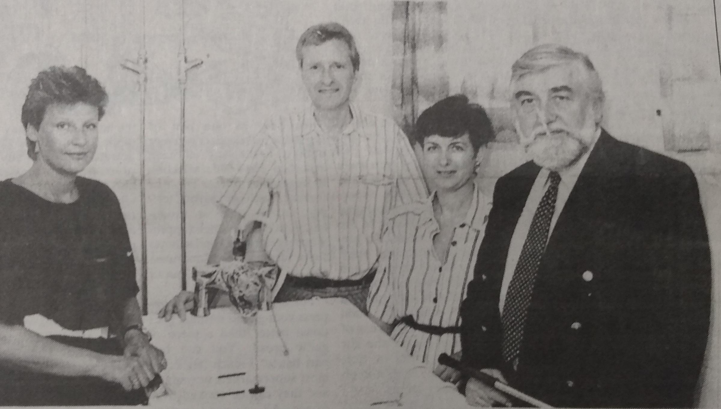 The bath being presented in 1990. From left, centre worker Barbara Done, hal marathon runner John Sage and Claires parents, Cynthia and Graham Boyett