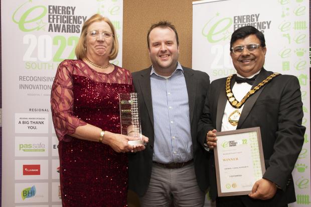 Sustainable Energy Officer, Hazel Hill and The Mayor of Bracknell Forest (left) and Cllr Ankur Shiv Bhandari (right) attended to collect the award