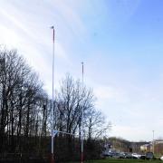 Rugby posts on M66 Heap Bridge Motorway Junction in Bury...Images by Steve Holt, Bury Times,Wednesday April 7 2015..
