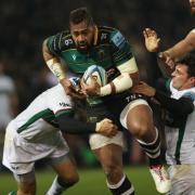 Northampton Saints Taqele Naiyaravoro is tackled by London Irish Stephen Myler and Nick Phipps during the Gallagher Premiership match at Franklin's Gardens, Northampton. PA Photo. Picture date: Friday January 24, 2020. See PA story RUGBYU