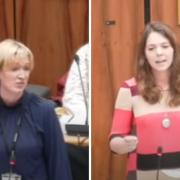 Councillors Sarah Kerr (Liberal Democrats) and Laura Blumenthal (Conservatives) clash over the White Ribbon motion. Credit: Wokingham Borough Council / Youtube