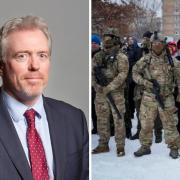 James Sunderland, Conservative MP for Bracknell, and soldiers in Ukraine. Credit: Parliament official portrait / PA