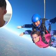 Nikki Treharne dives from a plane at 15,000 feet with the ashes of her son Ethan, inset, strapped to her chest