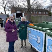 Dorothy Hayes MBE, executive member for the environment with a neighbour at the electrical recycling event at Bracknell Leisure Centre. Credit: Bob Clyde