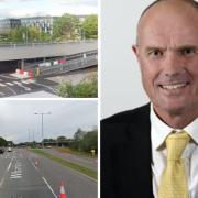 Clockwise from top left: the empty new Winnersh Triangle car park, councillor Paul Fishwick, the dual carriage way passengers will have to walk alongside to get the Lion 4/X4