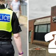 Stock images of police and a telephone and Reading Magistrates Court