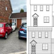 Cars parked on the drive outside the garage conversion on Atte Lane, elevation plans before (top right) and after (bottom right) the conversion