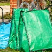 A Wokingham food waste caddy, blue general waste bag and green recycling bag