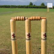Two sets of three cricket stumps and two bails.