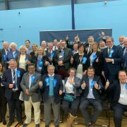 Councillor Marc Brunel-Walker celebrating with fellow Conservatives during the 2019 Local Elections